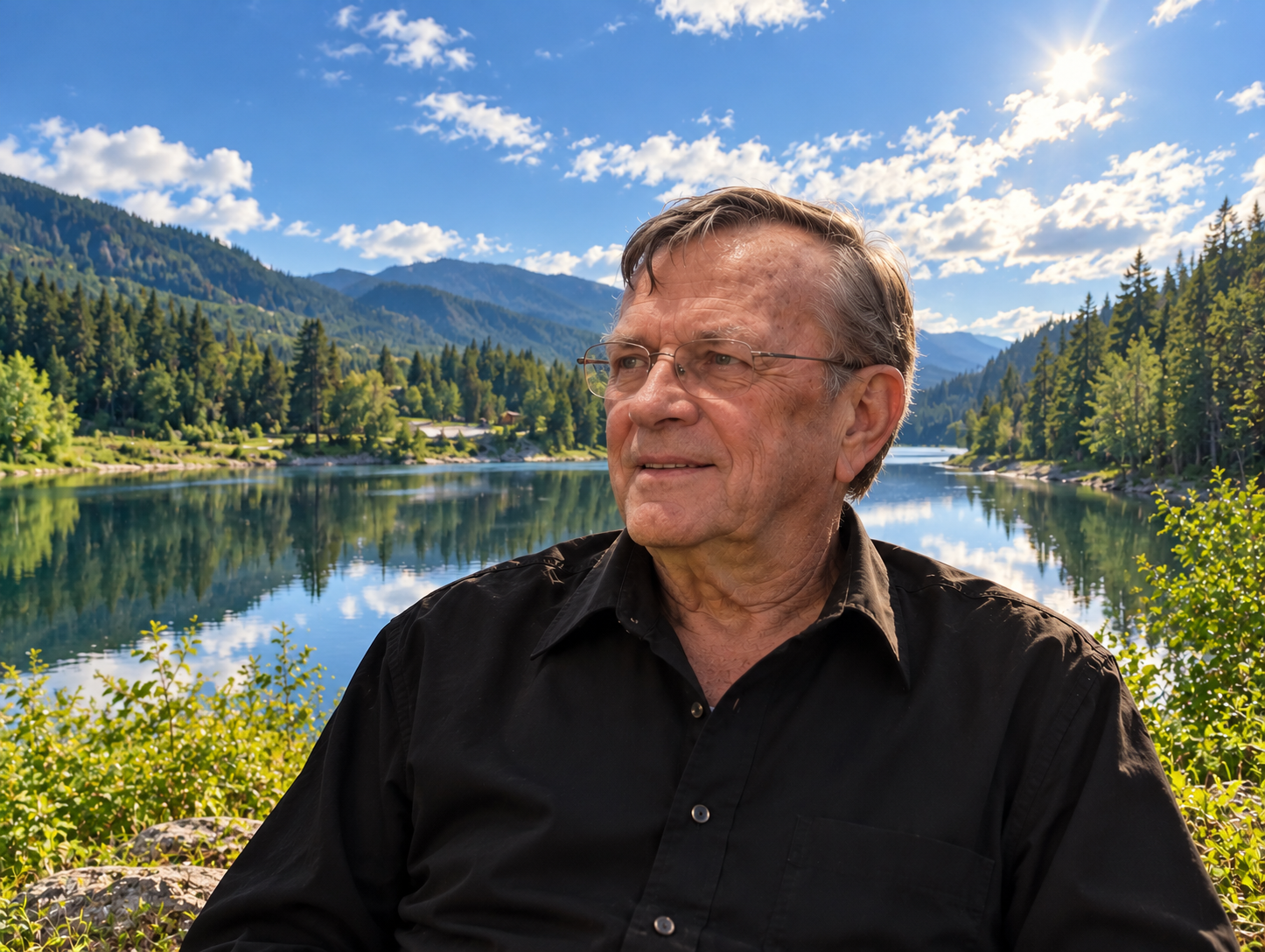 AI-created illustrative portrait of Carl McKenzie near a river